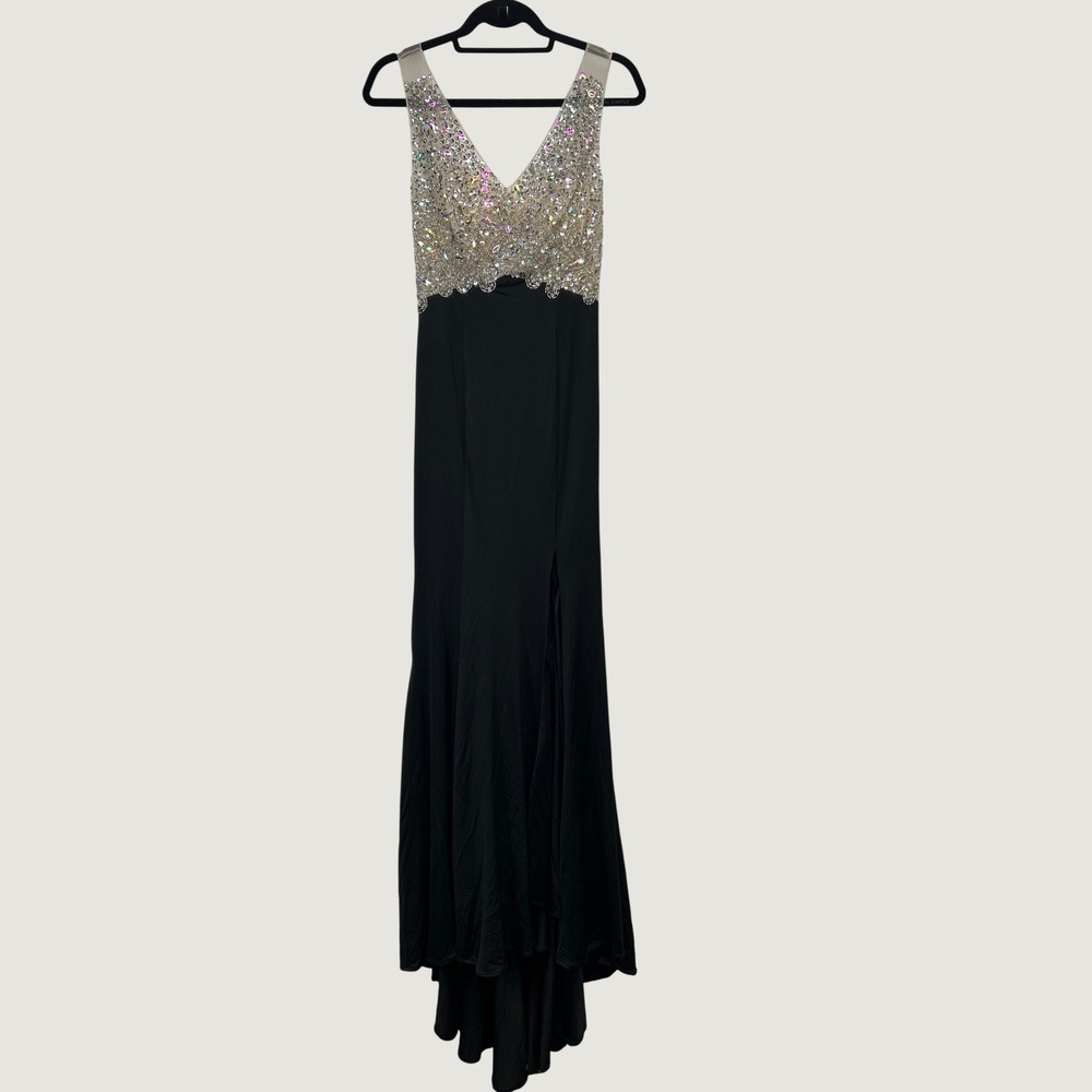 Evening Gown Women Black Silver Sequin Rhinestone V-Neck Formal No Size Tag READ